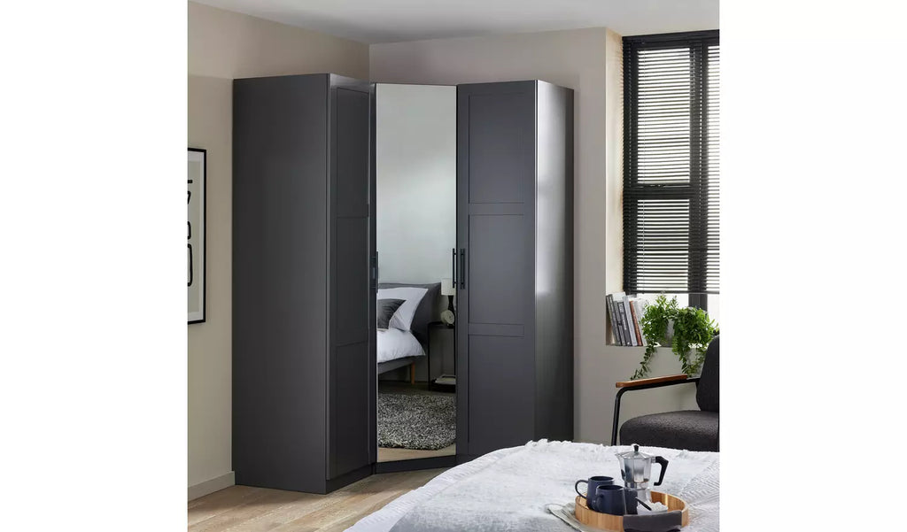 Space-Saving Corner 3-Door Mirror Wardrobe – Munich Anthracite