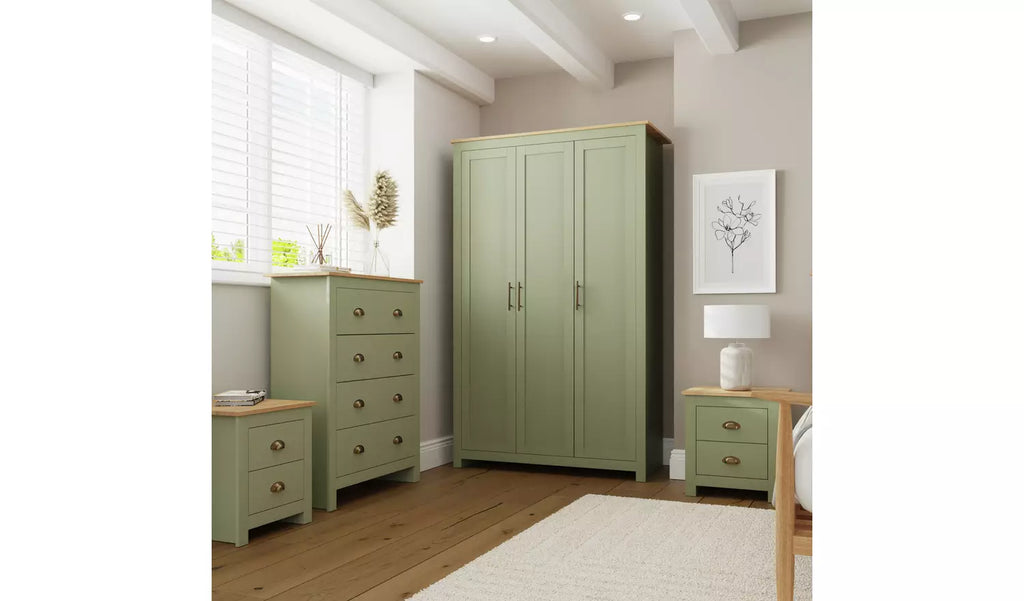 Lancaster 4-piece bedroom furniture set in sage green with oak tops

3-door wardrobe with brushed bronze handles and hanging space

Four-drawer chest in green with metal handles and oak top

Pair of bedside tables in green with drawers and oak tops

Shaker-inspired bedroom furniture set showing wardrobe, chest, and bedside tables

Lancaster bedroom set interior showing hanging rails and shelves in wardrobe

Stylish sage green bedroom set for double room with storage options

Modern 4-piece bedroom furniture