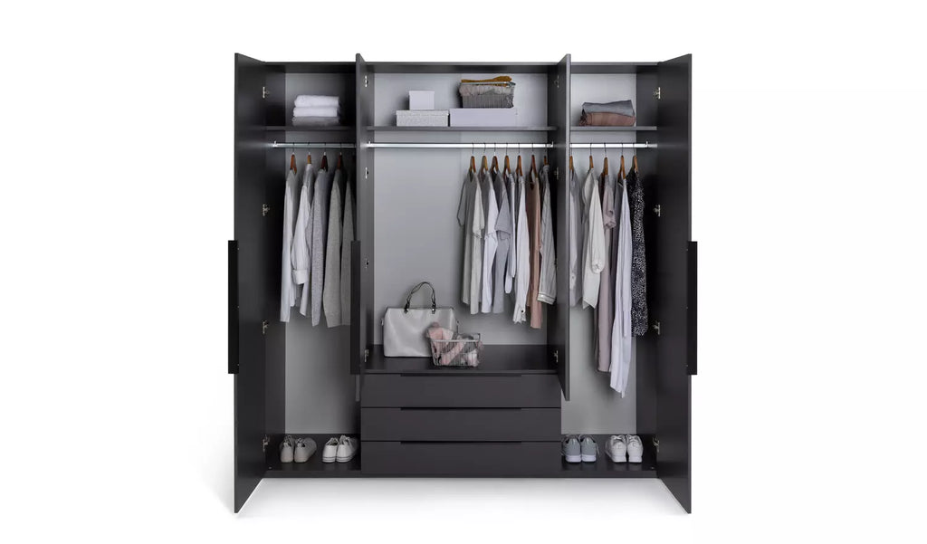 Modern Anthracite Hallingford 4-Door Wardrobe with 3 Drawers