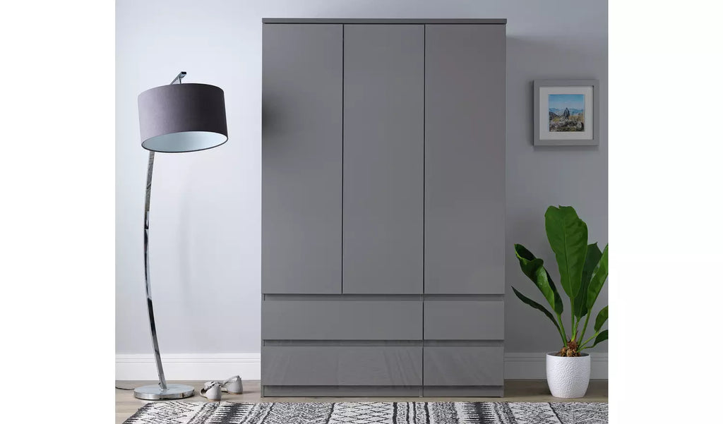 Modern Gloss Grey Jenson 3-Door Wardrobe with 4 Drawers