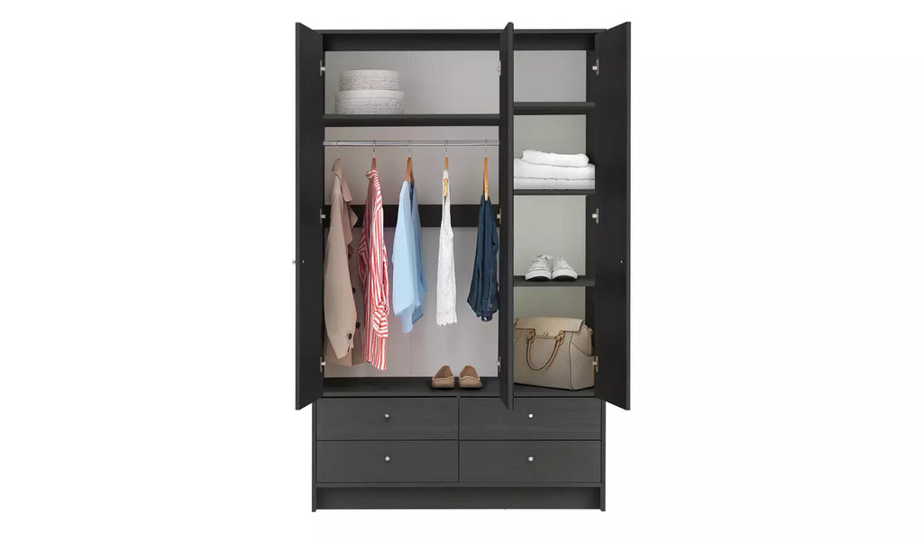 Stylish Beech Finish Wardrobe with Mirror – 3 Doors & 4 Drawers