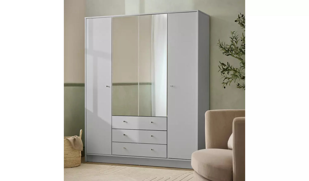 Sleek Grey 3-Door Mirrored Wardrobe with 4 Drawers